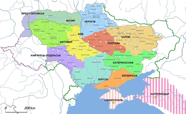 карта губернського устрою та етнічних меж українців на початку 20 ст