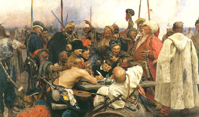 Козаки пишуть листа турецькому султану І.Рєпін червоно чорний прапор